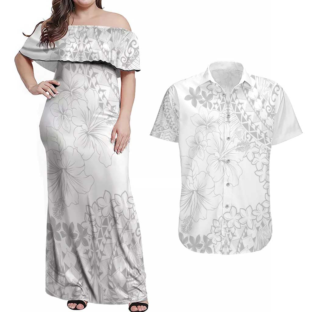 American Samoa Lotu Tamaiti Couples Matching Off Shoulder Maxi Dress and Hawaiian Shirt White Sunday Plumeria White Vibe LT9 White - Polynesian Pride