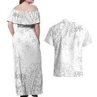 American Samoa Lotu Tamaiti Couples Matching Off Shoulder Maxi Dress and Hawaiian Shirt White Sunday Plumeria White Vibe LT9 - Polynesian Pride