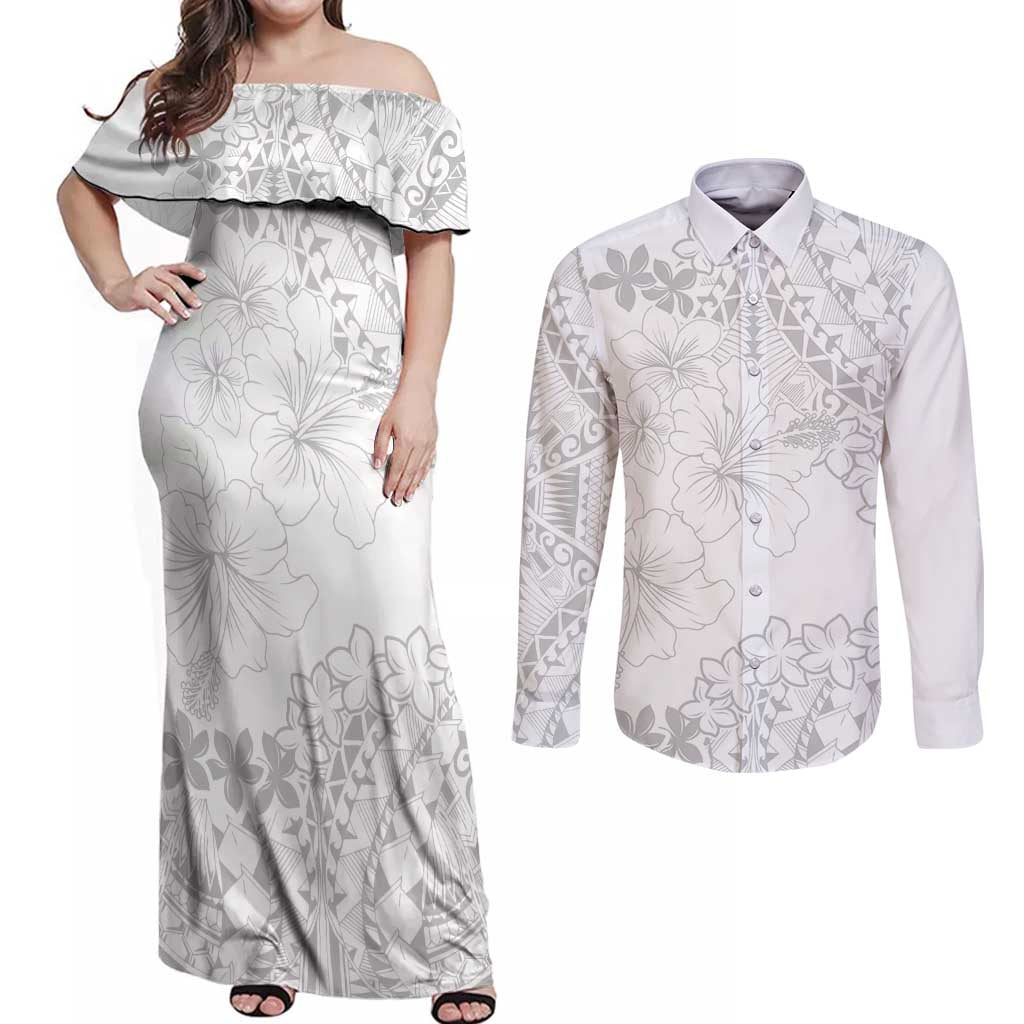 American Samoa Lotu Tamaiti Couples Matching Off Shoulder Maxi Dress and Long Sleeve Button Shirt White Sunday Plumeria White Vibe LT9 White - Polynesian Pride