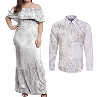 American Samoa Lotu Tamaiti Couples Matching Off Shoulder Maxi Dress and Long Sleeve Button Shirt White Sunday Plumeria White Vibe LT9 White - Polynesian Pride
