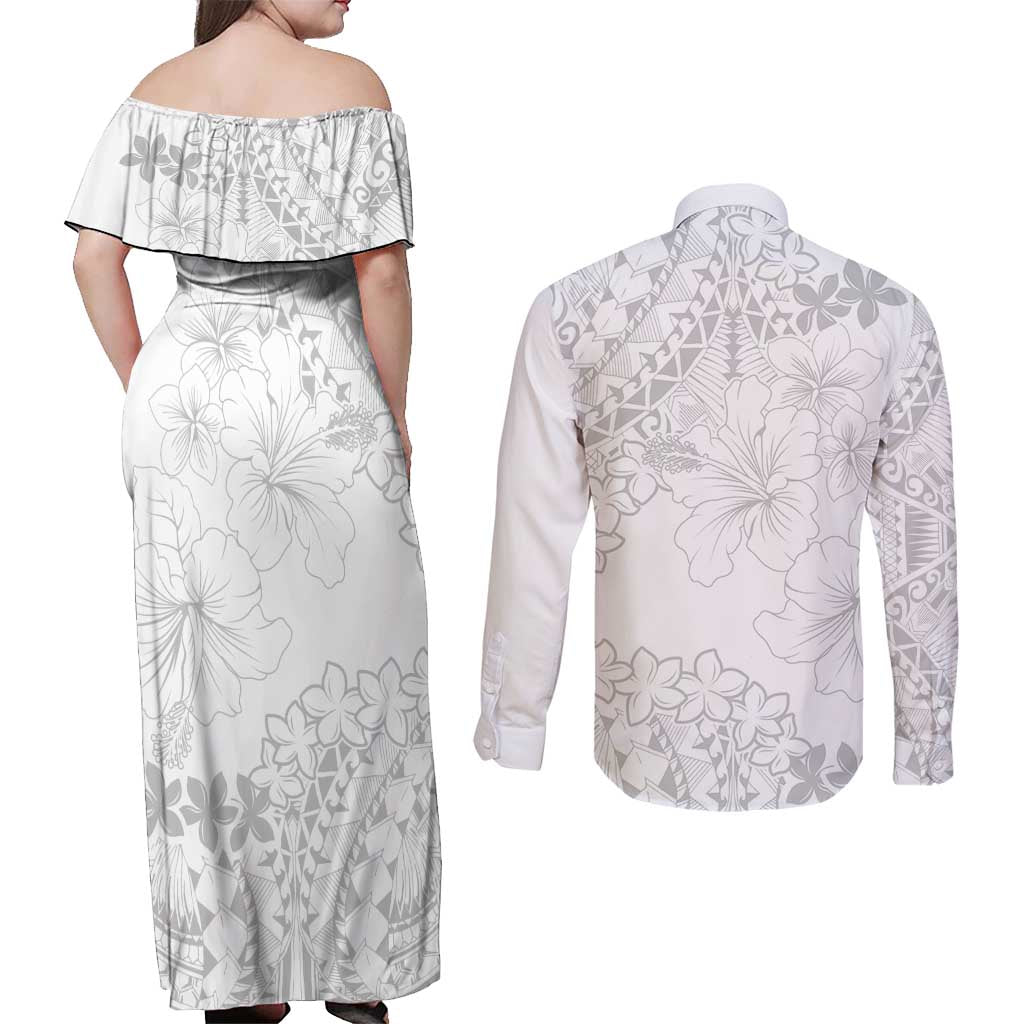 American Samoa Lotu Tamaiti Couples Matching Off Shoulder Maxi Dress and Long Sleeve Button Shirt White Sunday Plumeria White Vibe LT9 - Polynesian Pride