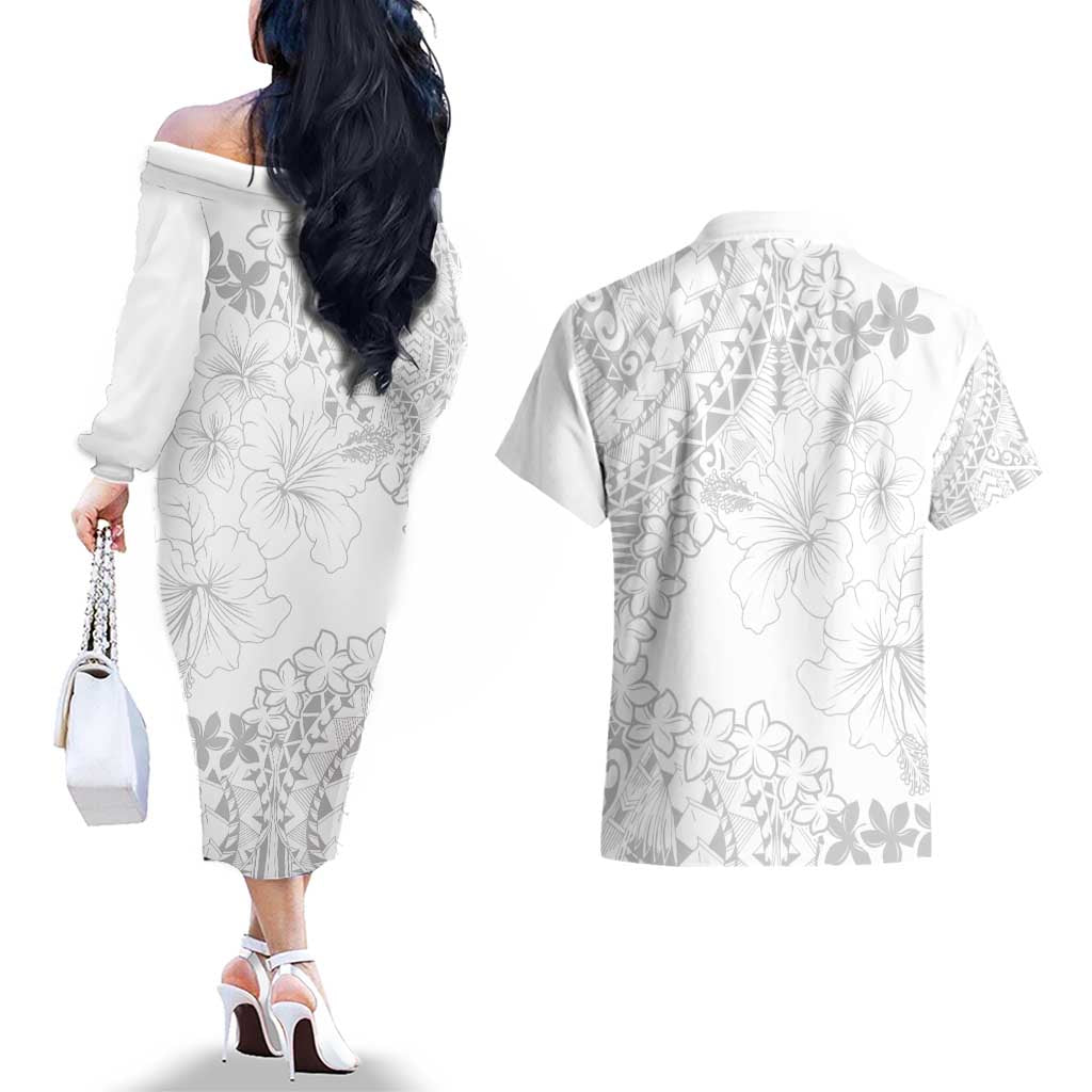 American Samoa Lotu Tamaiti Couples Matching Off The Shoulder Long Sleeve Dress and Hawaiian Shirt White Sunday Plumeria White Vibe LT9 - Polynesian Pride