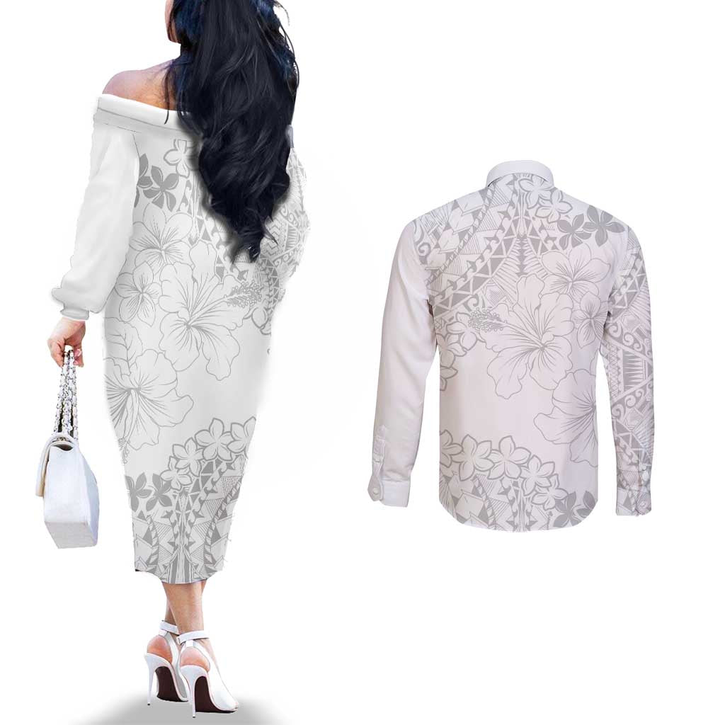 American Samoa Lotu Tamaiti Couples Matching Off The Shoulder Long Sleeve Dress and Long Sleeve Button Shirt White Sunday Plumeria White Vibe LT9 - Polynesian Pride