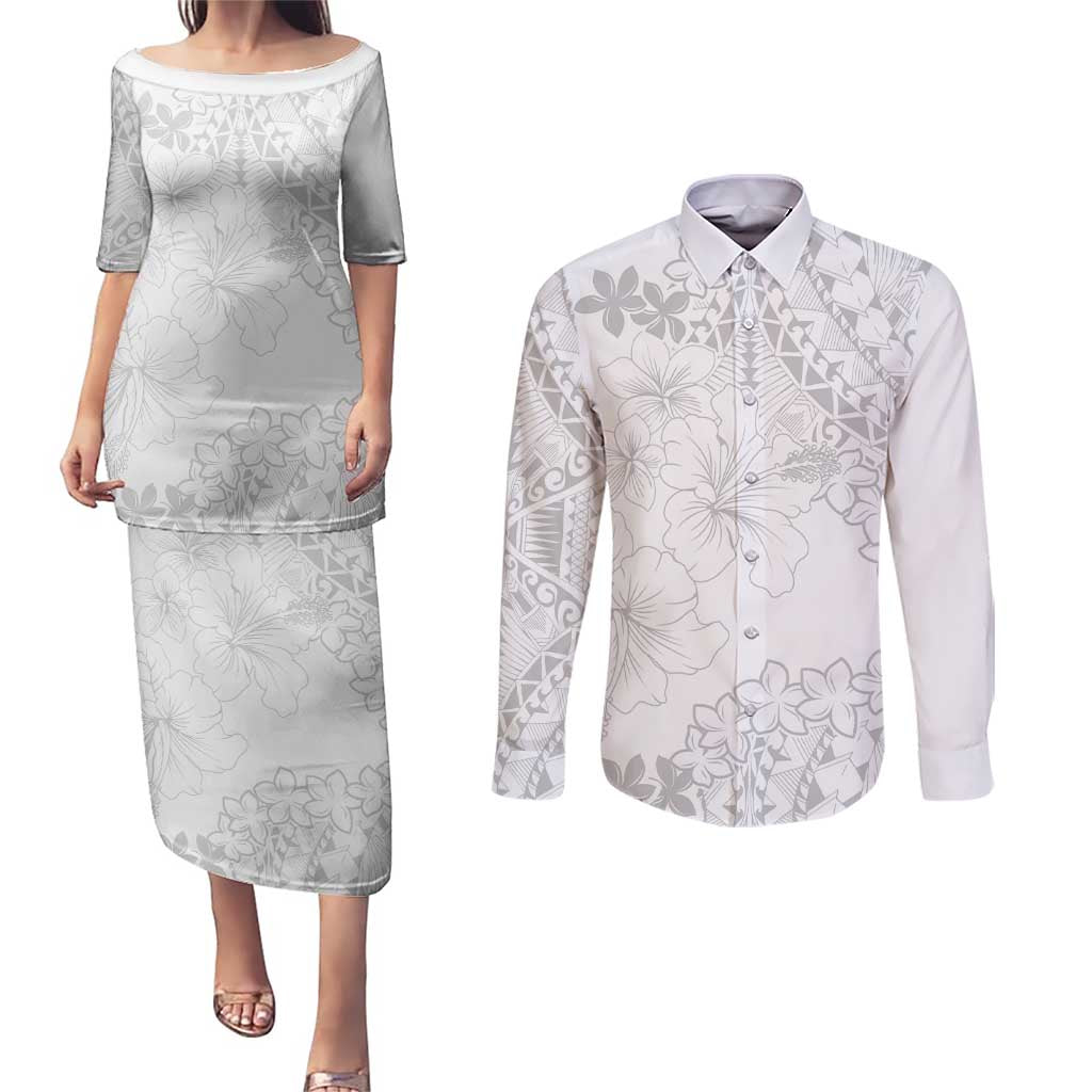 American Samoa Lotu Tamaiti Couples Matching Puletasi and Long Sleeve Button Shirt White Sunday Plumeria White Vibe LT9 White - Polynesian Pride