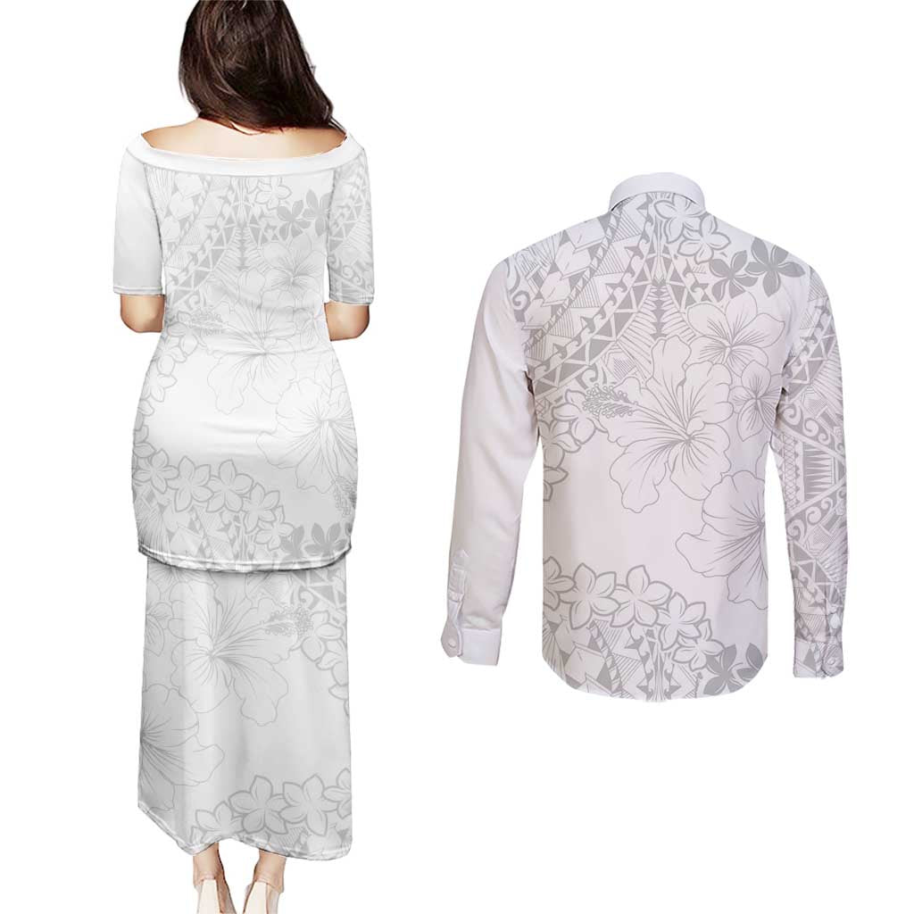 American Samoa Lotu Tamaiti Couples Matching Puletasi and Long Sleeve Button Shirt White Sunday Plumeria White Vibe LT9 - Polynesian Pride