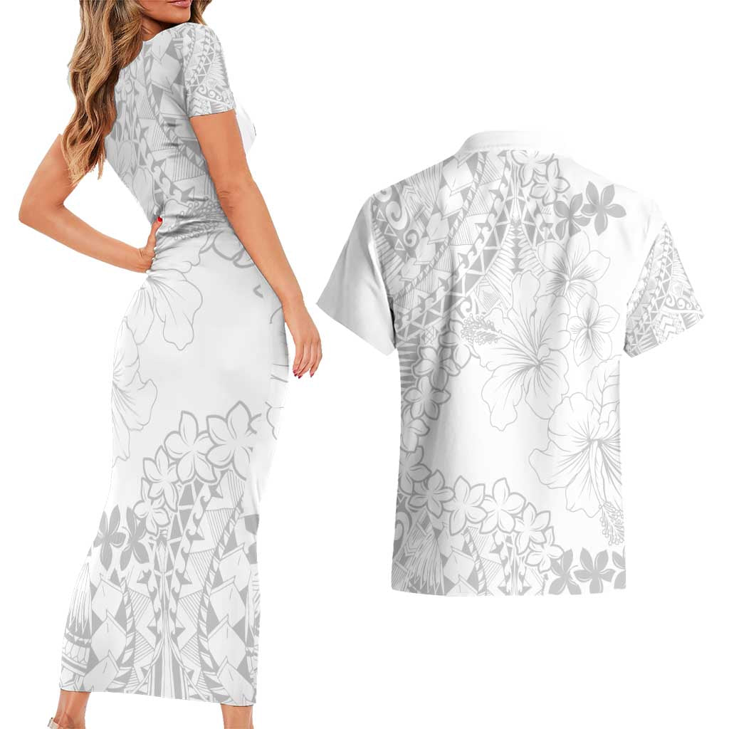 American Samoa Lotu Tamaiti Couples Matching Short Sleeve Bodycon Dress and Hawaiian Shirt White Sunday Plumeria White Vibe LT9 - Polynesian Pride