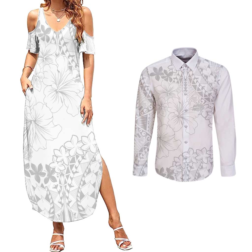 American Samoa Lotu Tamaiti Couples Matching Summer Maxi Dress and Long Sleeve Button Shirt White Sunday Plumeria White Vibe LT9 White - Polynesian Pride