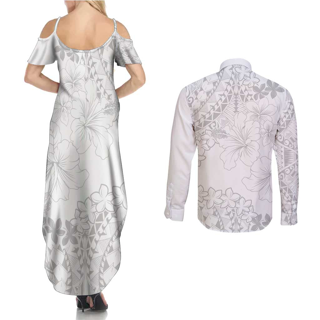 American Samoa Lotu Tamaiti Couples Matching Summer Maxi Dress and Long Sleeve Button Shirt White Sunday Plumeria White Vibe LT9 - Polynesian Pride