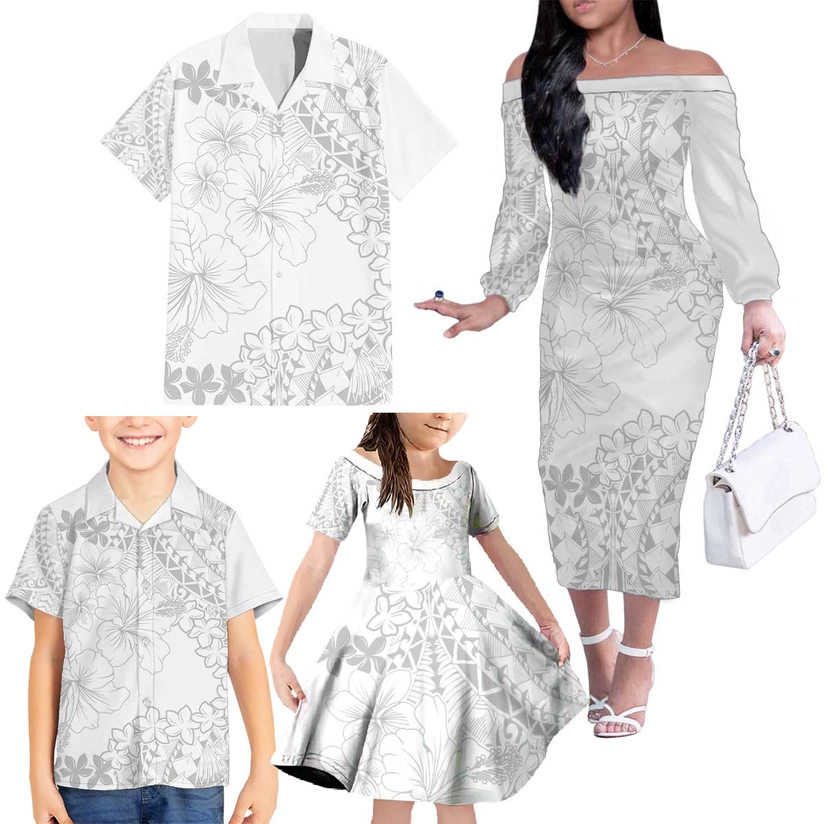 American Samoa Lotu Tamaiti Family Matching Off The Shoulder Long Sleeve Dress and Hawaiian Shirt White Sunday Plumeria White Vibe LT9 - Polynesian Pride