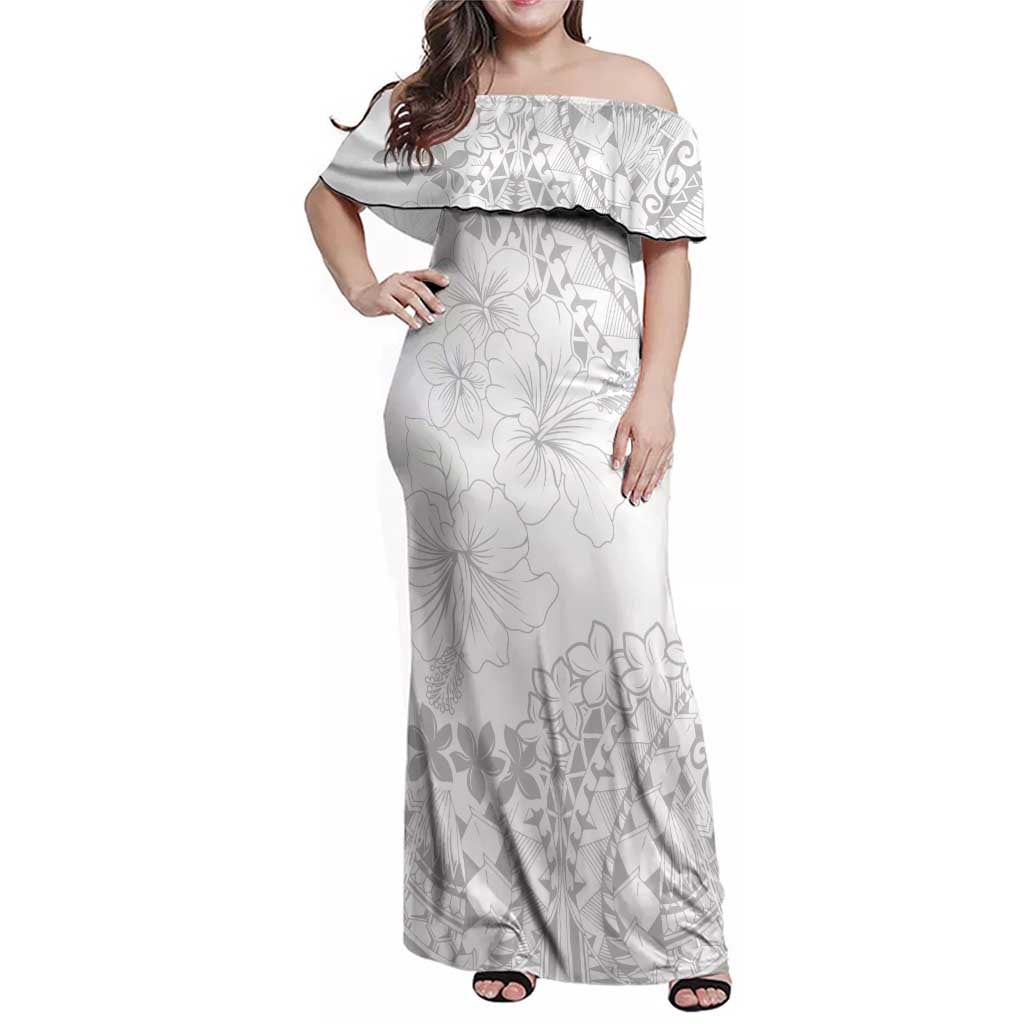American Samoa Lotu Tamaiti Family Matching Off Shoulder Maxi Dress and Hawaiian Shirt White Sunday Plumeria White Vibe LT9 Mom's Dress White - Polynesian Pride