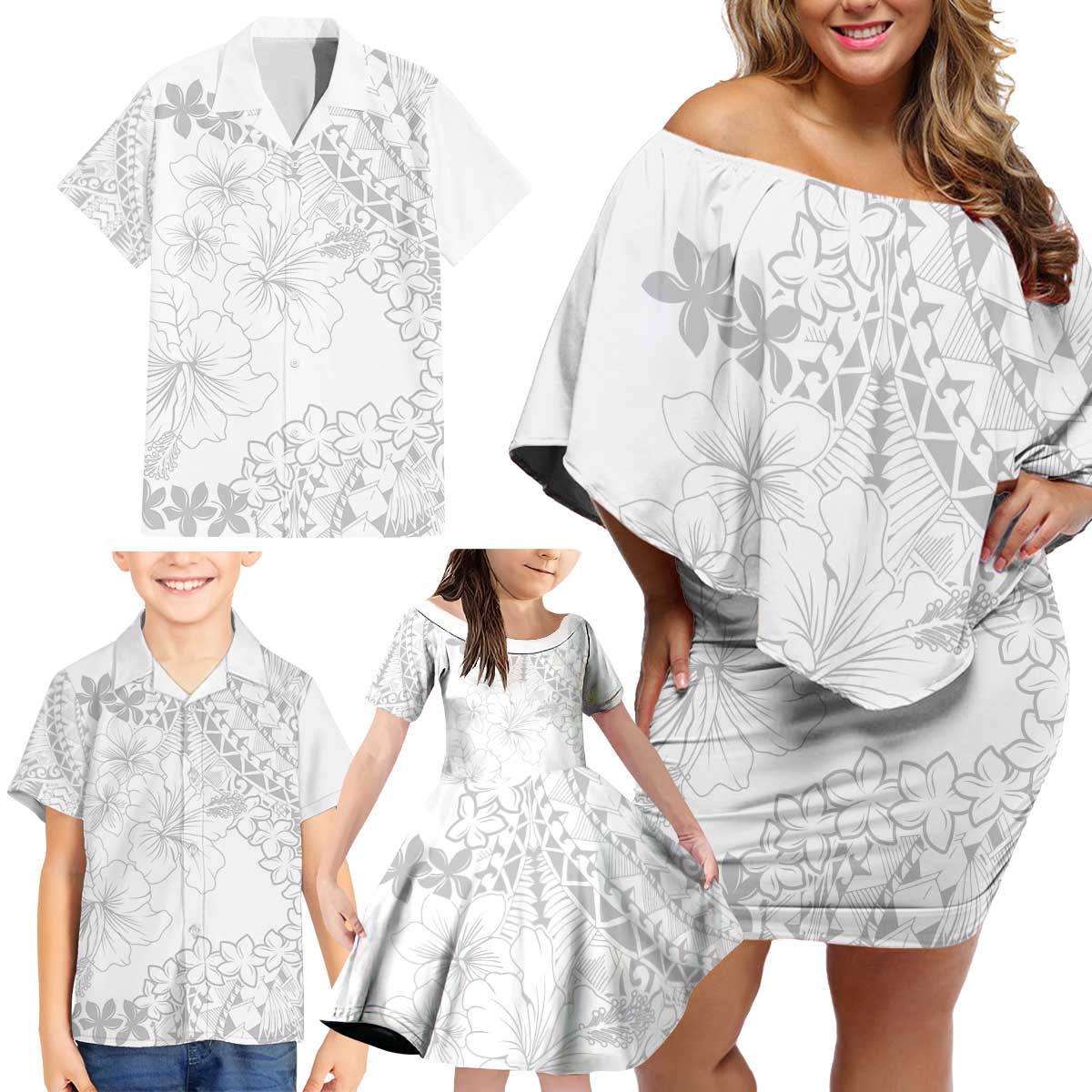 American Samoa Lotu Tamaiti Family Matching Off Shoulder Short Dress and Hawaiian Shirt White Sunday Plumeria White Vibe LT9 - Polynesian Pride