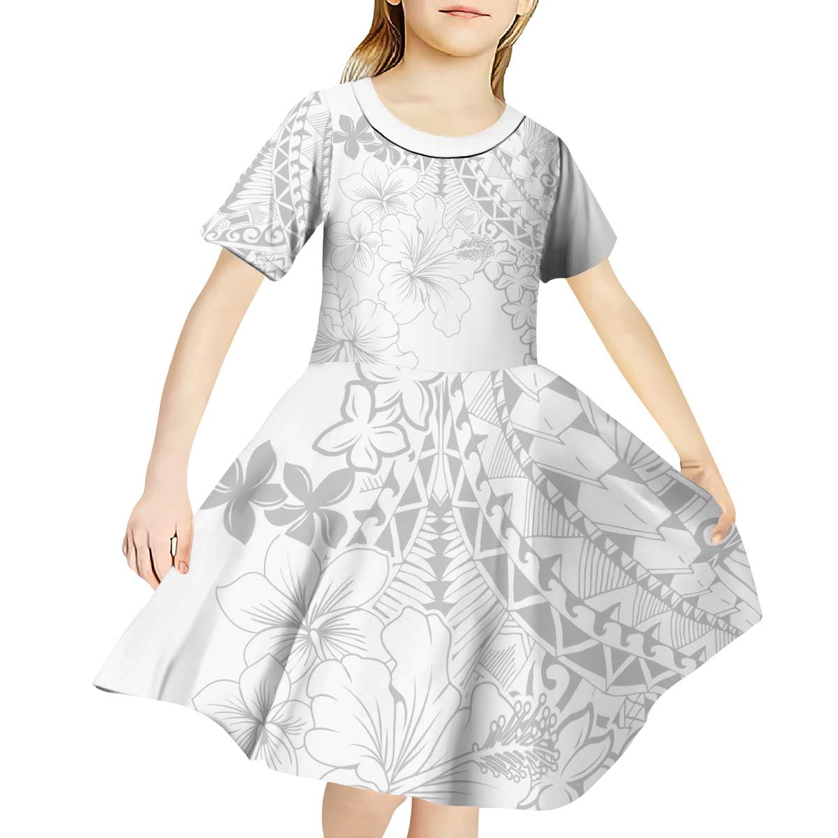 American Samoa Lotu Tamaiti Kid Short Sleeve Dress White Sunday Plumeria White Vibe LT9 - Polynesian Pride