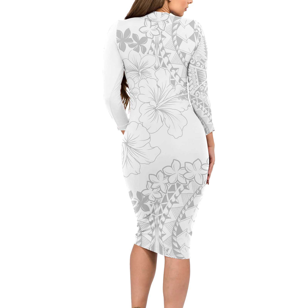 American Samoa Lotu Tamaiti Long Sleeve Bodycon Dress White Sunday Plumeria White Vibe LT9 - Polynesian Pride