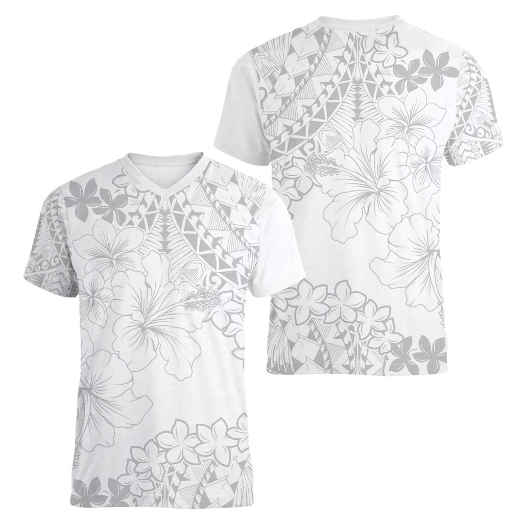 American Samoa Lotu Tamaiti Women V-Neck T-Shirt White Sunday Plumeria White Vibe LT9 - Polynesian Pride