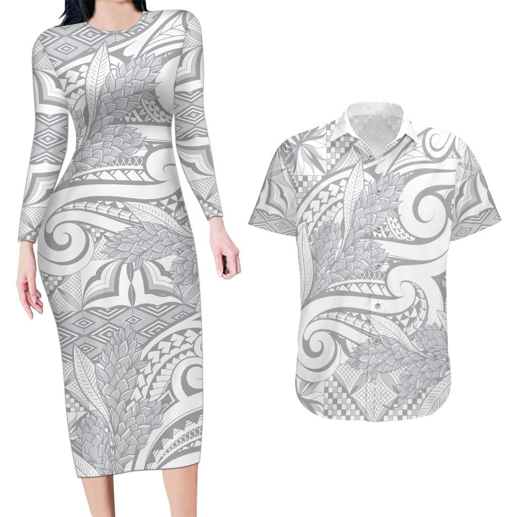 Lotu Tamaiti Samoa Siapo Couples Matching Long Sleeve Bodycon Dress and Hawaiian Shirt White Sunday With Teuila Torch Ginger LT9 White - Polynesian Pride