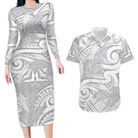 Lotu Tamaiti Samoa Siapo Couples Matching Long Sleeve Bodycon Dress and Hawaiian Shirt White Sunday With Teuila Torch Ginger LT9 White - Polynesian Pride