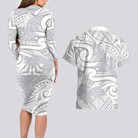 Lotu Tamaiti Samoa Siapo Couples Matching Long Sleeve Bodycon Dress and Hawaiian Shirt White Sunday With Teuila Torch Ginger LT9 - Polynesian Pride