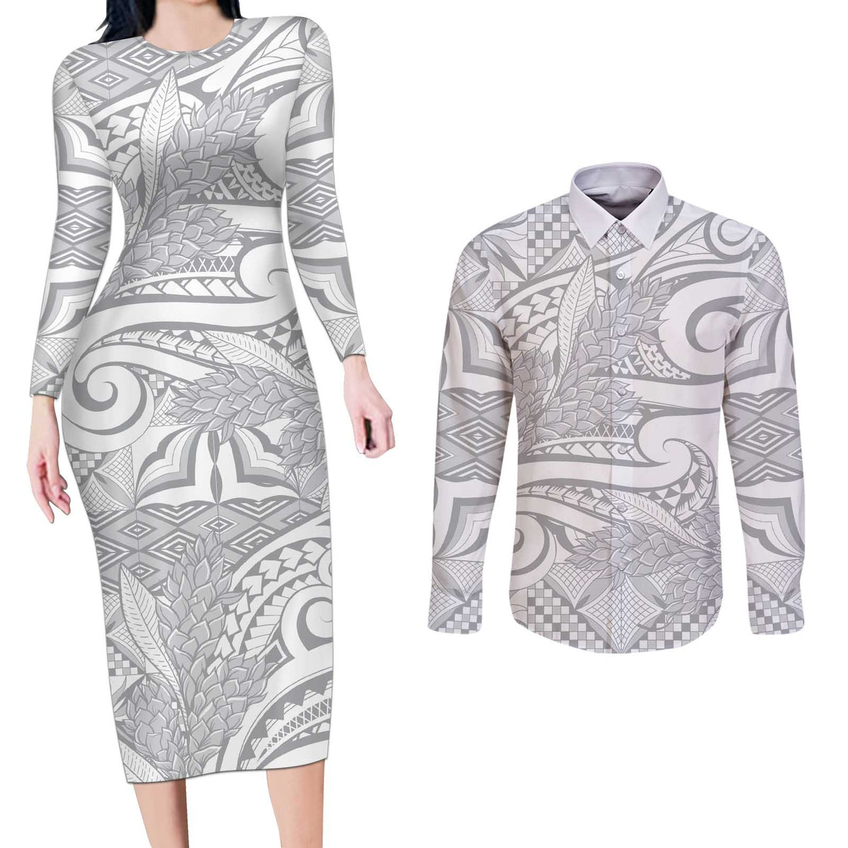 Lotu Tamaiti Samoa Siapo Couples Matching Long Sleeve Bodycon Dress and Long Sleeve Button Shirt White Sunday With Teuila Torch Ginger LT9 White - Polynesian Pride