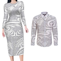 Lotu Tamaiti Samoa Siapo Couples Matching Long Sleeve Bodycon Dress and Long Sleeve Button Shirt White Sunday With Teuila Torch Ginger LT9 White - Polynesian Pride