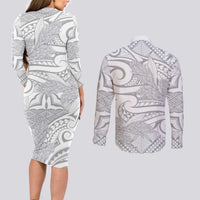 Lotu Tamaiti Samoa Siapo Couples Matching Long Sleeve Bodycon Dress and Long Sleeve Button Shirt White Sunday With Teuila Torch Ginger LT9 - Polynesian Pride