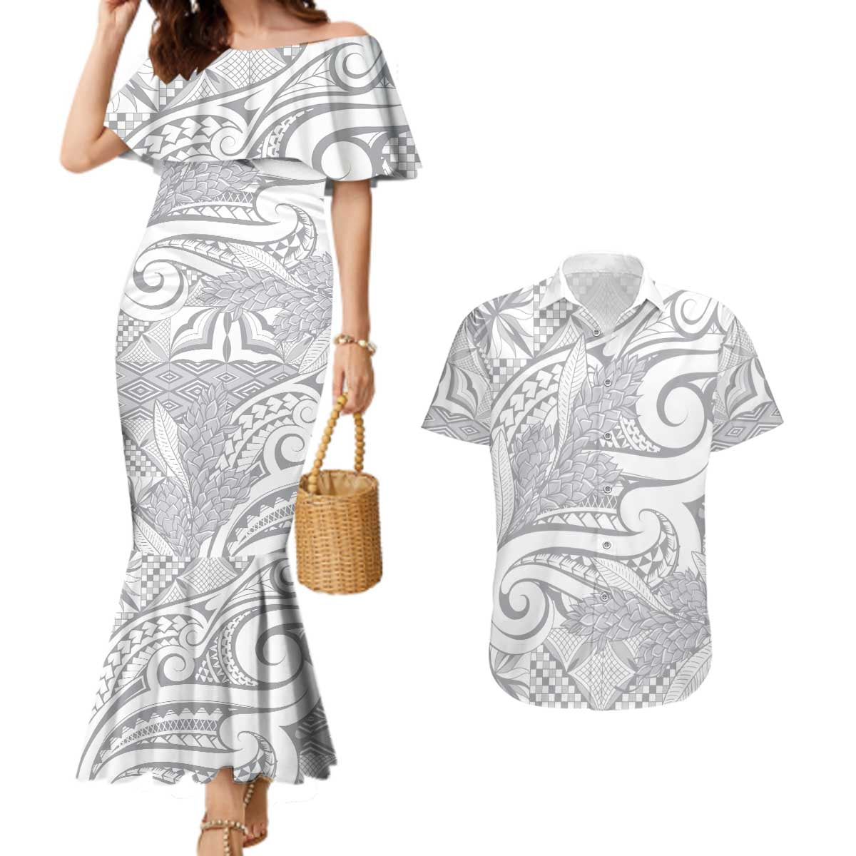 Lotu Tamaiti Samoa Siapo Couples Matching Mermaid Dress and Hawaiian Shirt White Sunday With Teuila Torch Ginger LT9 White - Polynesian Pride