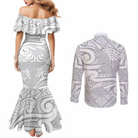 Lotu Tamaiti Samoa Siapo Couples Matching Mermaid Dress and Long Sleeve Button Shirt White Sunday With Teuila Torch Ginger LT9 - Polynesian Pride