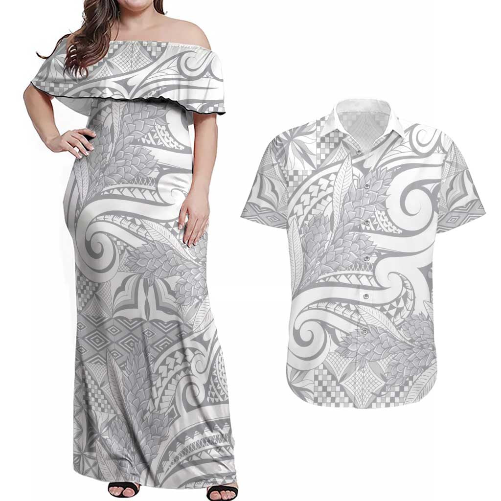 Lotu Tamaiti Samoa Siapo Couples Matching Off Shoulder Maxi Dress and Hawaiian Shirt White Sunday With Teuila Torch Ginger LT9 White - Polynesian Pride