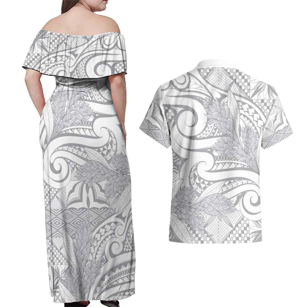 Lotu Tamaiti Samoa Siapo Couples Matching Off Shoulder Maxi Dress and Hawaiian Shirt White Sunday With Teuila Torch Ginger LT9 - Polynesian Pride