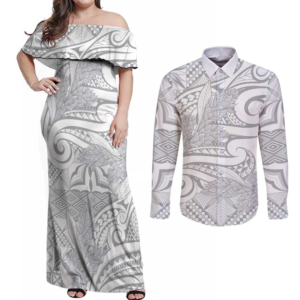 Lotu Tamaiti Samoa Siapo Couples Matching Off Shoulder Maxi Dress and Long Sleeve Button Shirt White Sunday With Teuila Torch Ginger LT9 White - Polynesian Pride