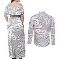 Lotu Tamaiti Samoa Siapo Couples Matching Off Shoulder Maxi Dress and Long Sleeve Button Shirt White Sunday With Teuila Torch Ginger LT9 - Polynesian Pride