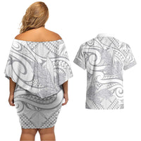 Lotu Tamaiti Samoa Siapo Couples Matching Off Shoulder Short Dress and Hawaiian Shirt White Sunday With Teuila Torch Ginger LT9 - Polynesian Pride