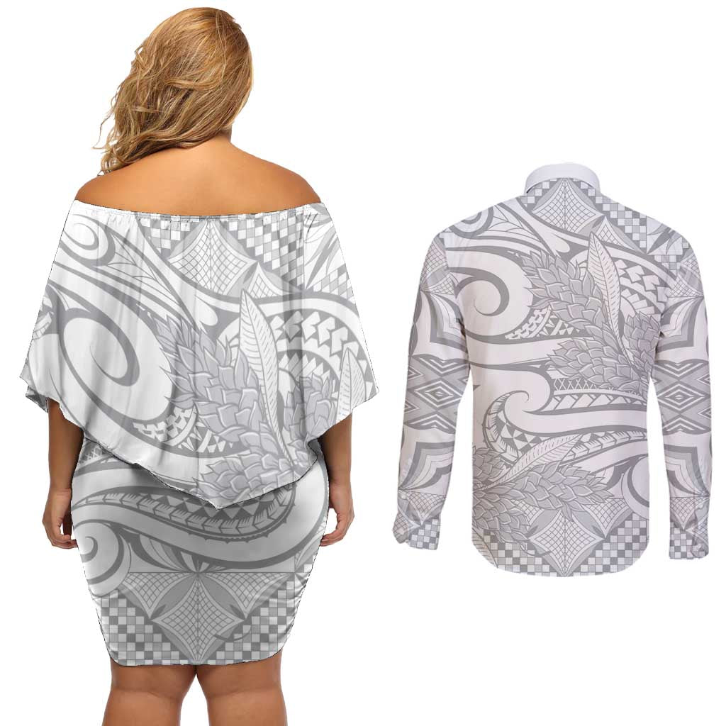 Lotu Tamaiti Samoa Siapo Couples Matching Off Shoulder Short Dress and Long Sleeve Button Shirt White Sunday With Teuila Torch Ginger LT9 - Polynesian Pride