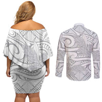 Lotu Tamaiti Samoa Siapo Couples Matching Off Shoulder Short Dress and Long Sleeve Button Shirt White Sunday With Teuila Torch Ginger LT9 - Polynesian Pride