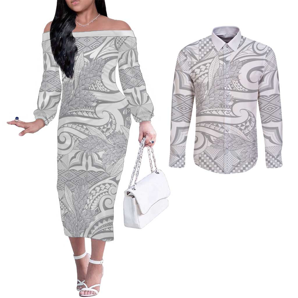 Lotu Tamaiti Samoa Siapo Couples Matching Off The Shoulder Long Sleeve Dress and Long Sleeve Button Shirt White Sunday With Teuila Torch Ginger LT9 White - Polynesian Pride