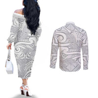 Lotu Tamaiti Samoa Siapo Couples Matching Off The Shoulder Long Sleeve Dress and Long Sleeve Button Shirt White Sunday With Teuila Torch Ginger LT9 - Polynesian Pride