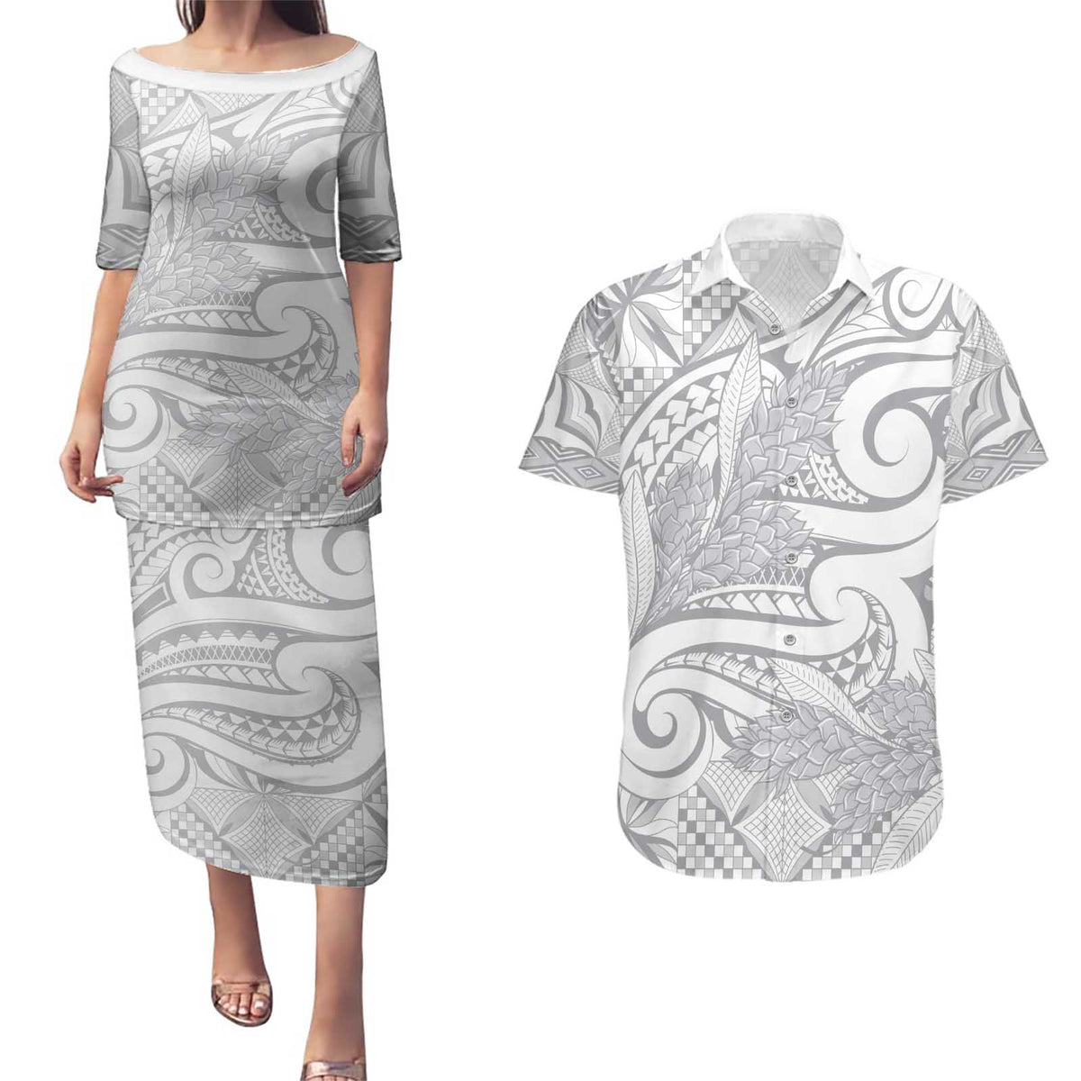 Lotu Tamaiti Samoa Siapo Couples Matching Puletasi and Hawaiian Shirt White Sunday With Teuila Torch Ginger LT9 White - Polynesian Pride