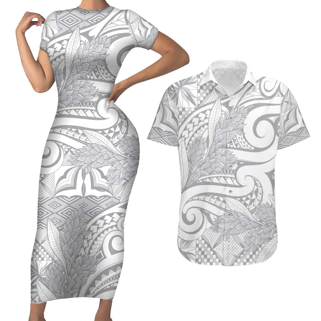 Lotu Tamaiti Samoa Siapo Couples Matching Short Sleeve Bodycon Dress and Hawaiian Shirt White Sunday With Teuila Torch Ginger LT9 White - Polynesian Pride