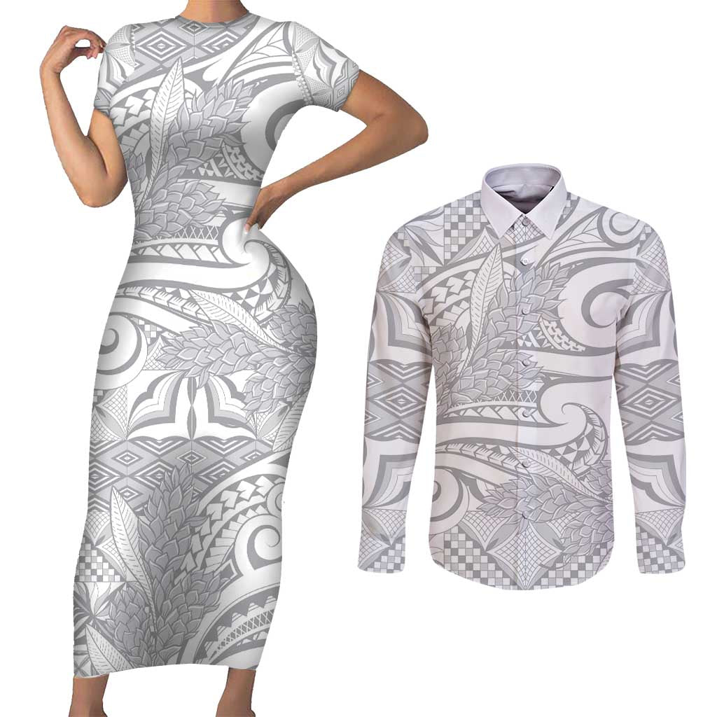Lotu Tamaiti Samoa Siapo Couples Matching Short Sleeve Bodycon Dress and Long Sleeve Button Shirt White Sunday With Teuila Torch Ginger LT9 White - Polynesian Pride