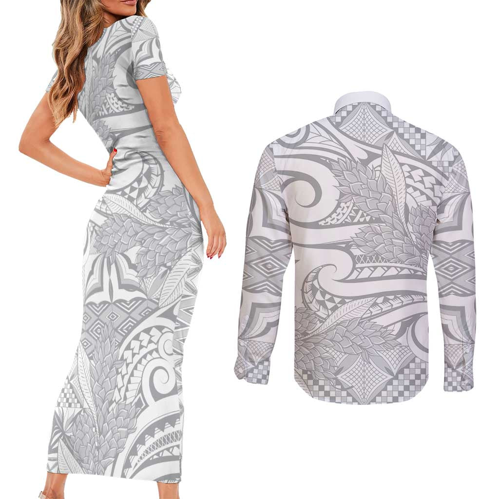 Lotu Tamaiti Samoa Siapo Couples Matching Short Sleeve Bodycon Dress and Long Sleeve Button Shirt White Sunday With Teuila Torch Ginger LT9 - Polynesian Pride