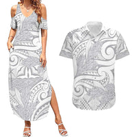 Lotu Tamaiti Samoa Siapo Couples Matching Summer Maxi Dress and Hawaiian Shirt White Sunday With Teuila Torch Ginger LT9 White - Polynesian Pride