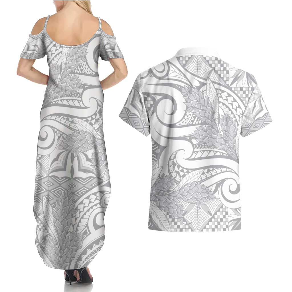Lotu Tamaiti Samoa Siapo Couples Matching Summer Maxi Dress and Hawaiian Shirt White Sunday With Teuila Torch Ginger LT9 - Polynesian Pride