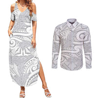Lotu Tamaiti Samoa Siapo Couples Matching Summer Maxi Dress and Long Sleeve Button Shirt White Sunday With Teuila Torch Ginger LT9 White - Polynesian Pride