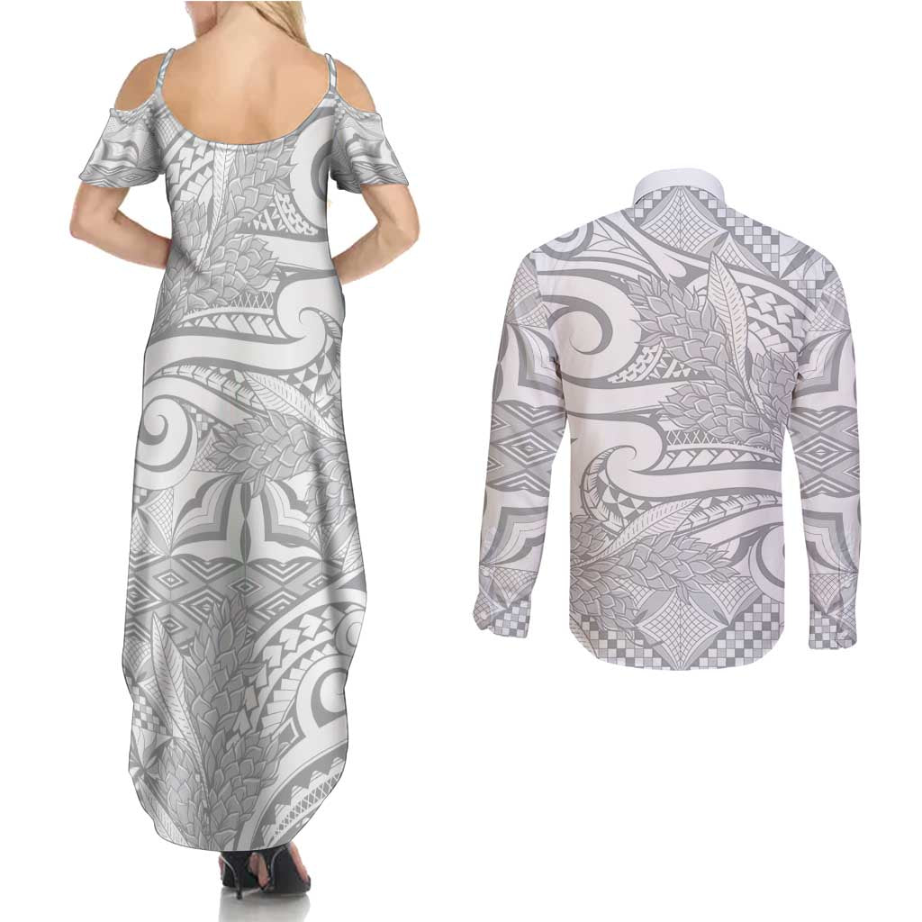 Lotu Tamaiti Samoa Siapo Couples Matching Summer Maxi Dress and Long Sleeve Button Shirt White Sunday With Teuila Torch Ginger LT9 - Polynesian Pride