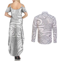 Lotu Tamaiti Samoa Siapo Couples Matching Summer Maxi Dress and Long Sleeve Button Shirt White Sunday With Teuila Torch Ginger LT9 - Polynesian Pride