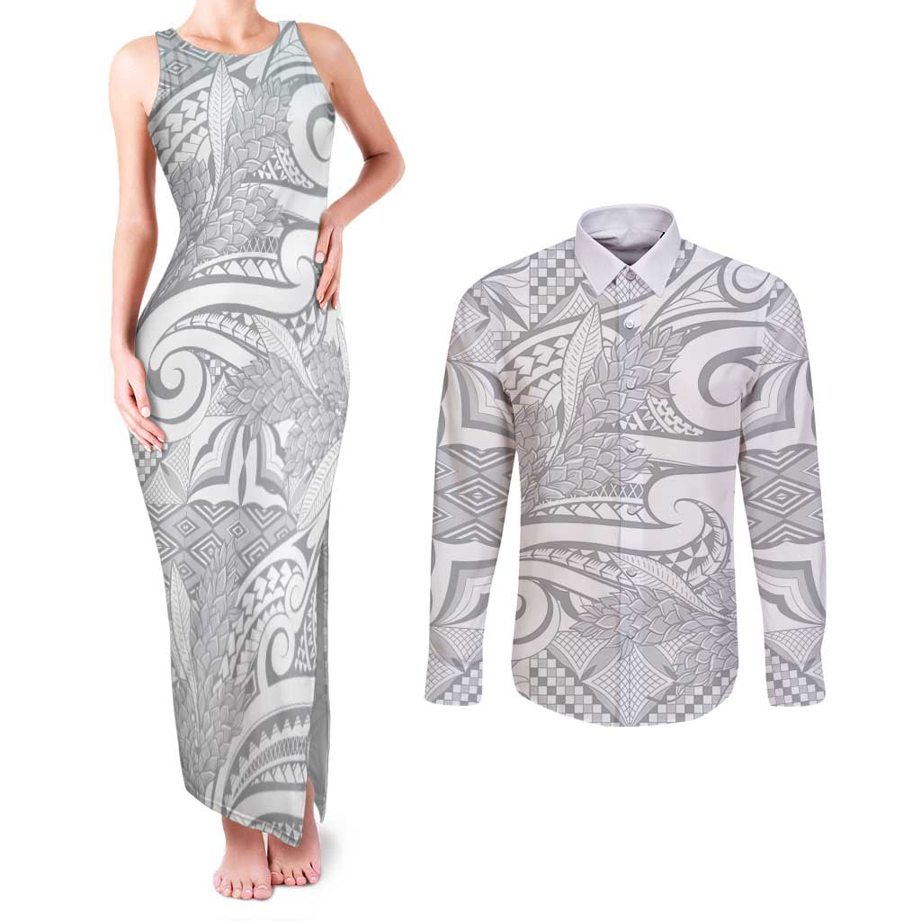 Lotu Tamaiti Samoa Siapo Couples Matching Tank Maxi Dress and Long Sleeve Button Shirt White Sunday With Teuila Torch Ginger LT9 White - Polynesian Pride