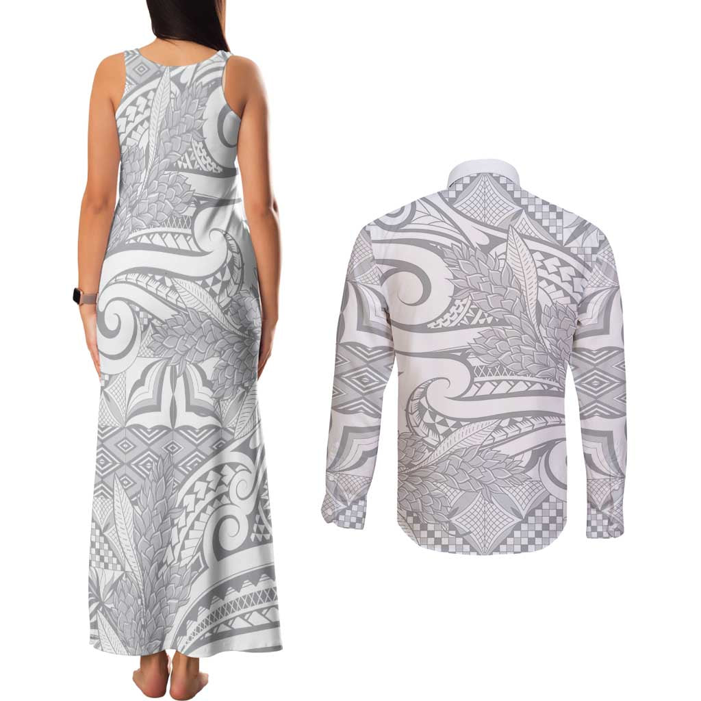Lotu Tamaiti Samoa Siapo Couples Matching Tank Maxi Dress and Long Sleeve Button Shirt White Sunday With Teuila Torch Ginger LT9 - Polynesian Pride