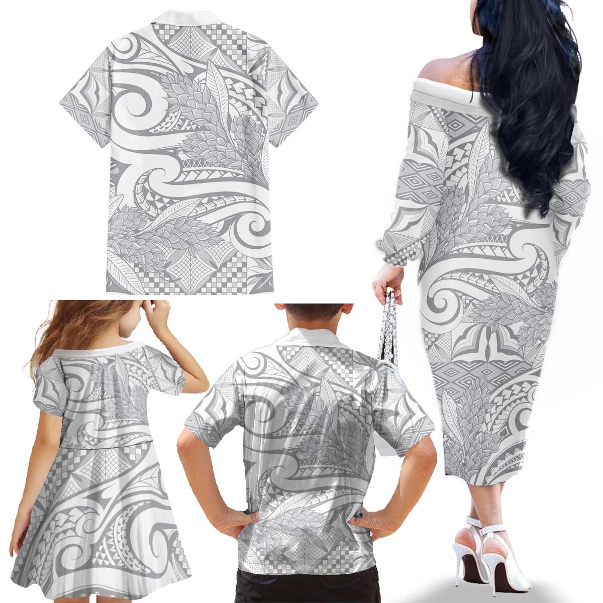 Lotu Tamaiti Samoa Siapo Family Matching Off The Shoulder Long Sleeve Dress and Hawaiian Shirt White Sunday With Teuila Torch Ginger LT9 - Polynesian Pride