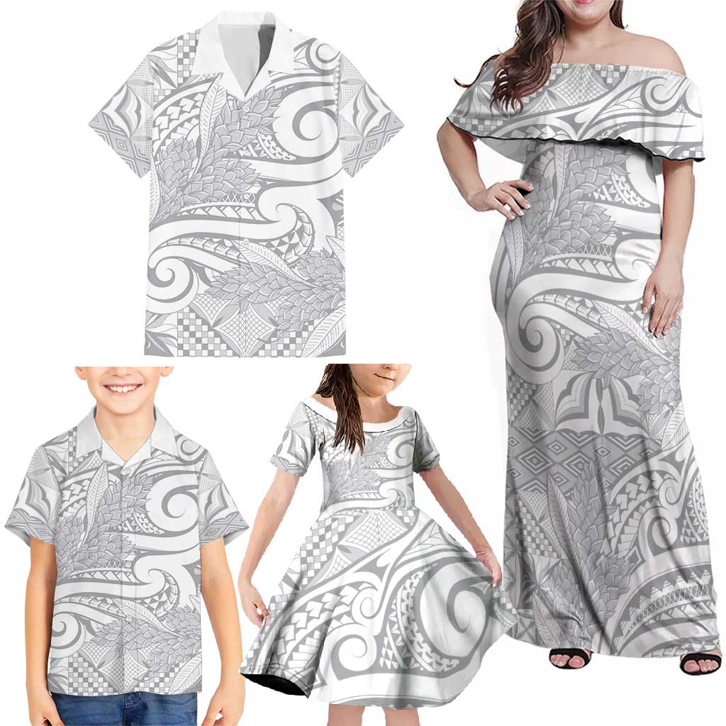 Lotu Tamaiti Samoa Siapo Family Matching Off Shoulder Maxi Dress and Hawaiian Shirt White Sunday With Teuila Torch Ginger LT9 - Polynesian Pride