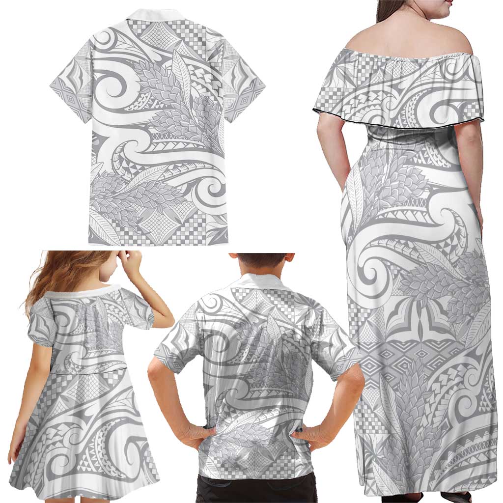 Lotu Tamaiti Samoa Siapo Family Matching Off Shoulder Maxi Dress and Hawaiian Shirt White Sunday With Teuila Torch Ginger LT9 - Polynesian Pride