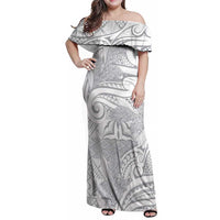 Lotu Tamaiti Samoa Siapo Family Matching Off Shoulder Maxi Dress and Hawaiian Shirt White Sunday With Teuila Torch Ginger LT9 Mom's Dress White - Polynesian Pride